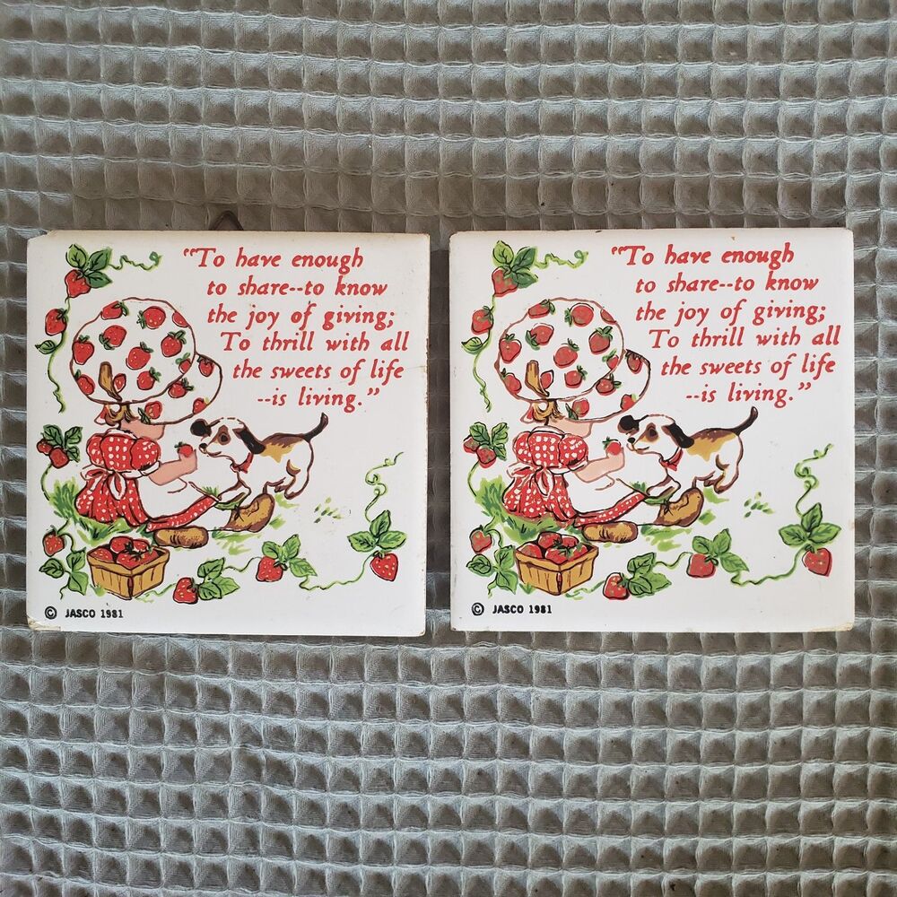 VTG 1981 Jasco Ceramic Trivets Wall Hanging Plaques Strawberry Girl Dog Set 2